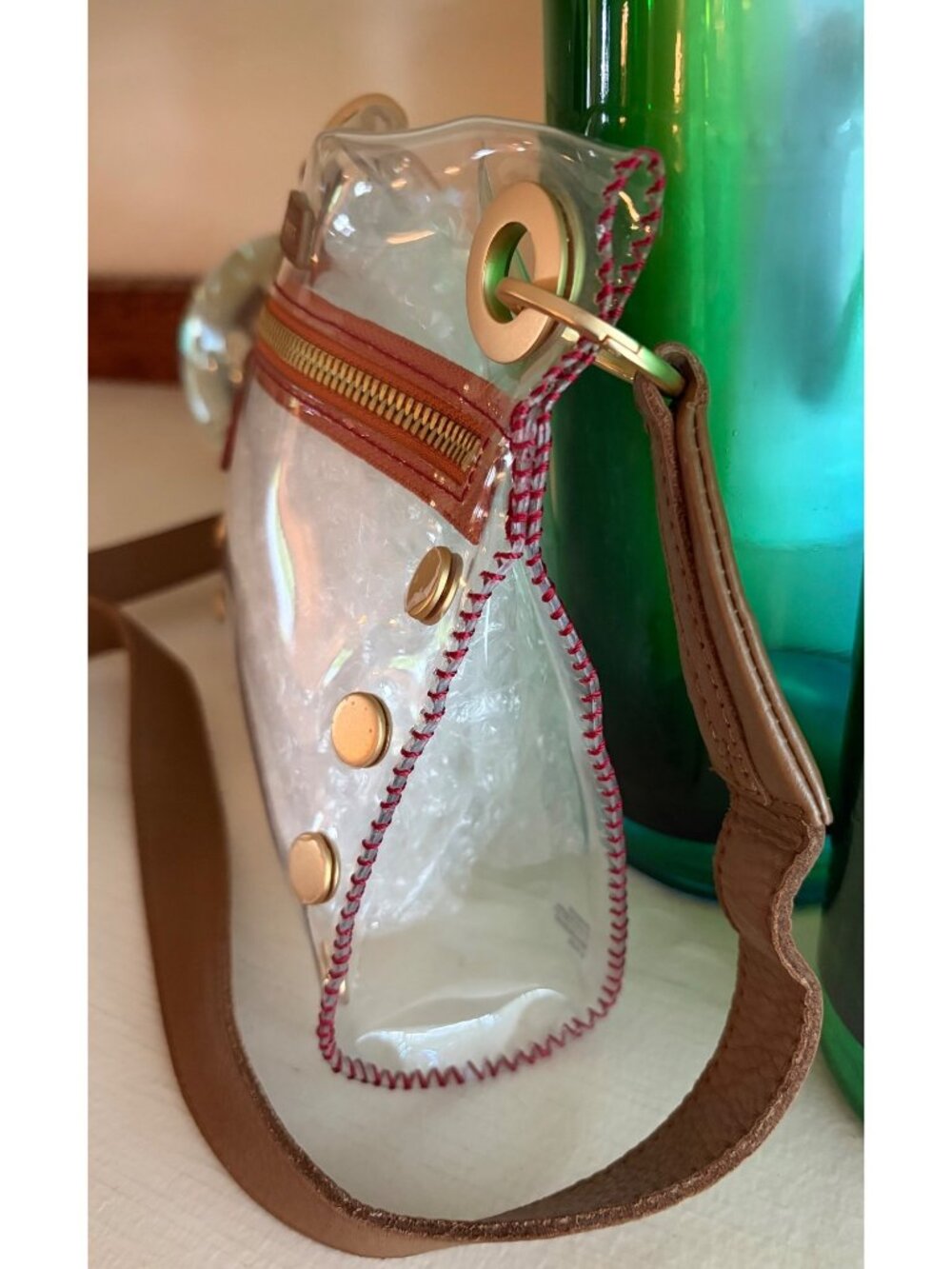 Hammitt Los Angeles Tony Clear & Red with Gold Studded Crossbody Bag Brown Strap - Picture 8 of 12